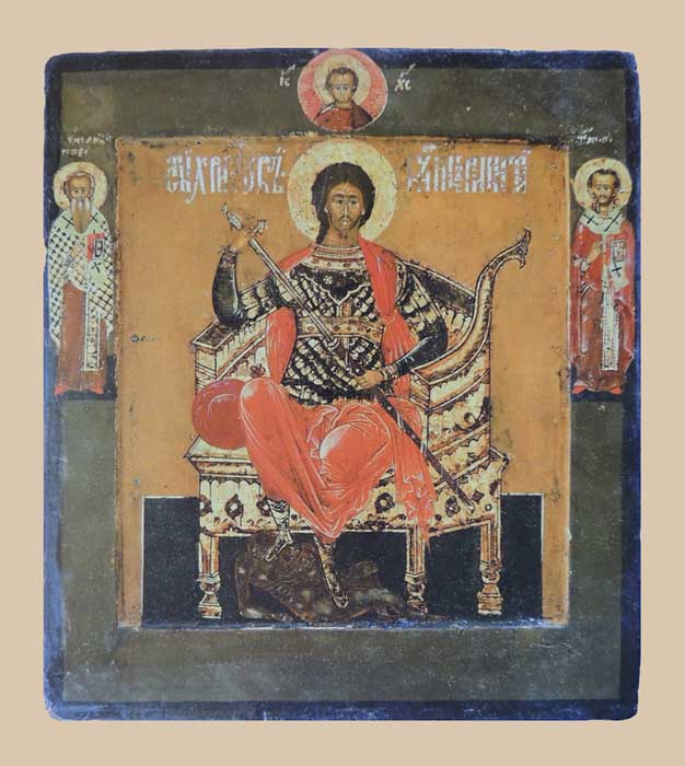 Икона "Святой великомученик Никита на престоле, со святыми на полях"